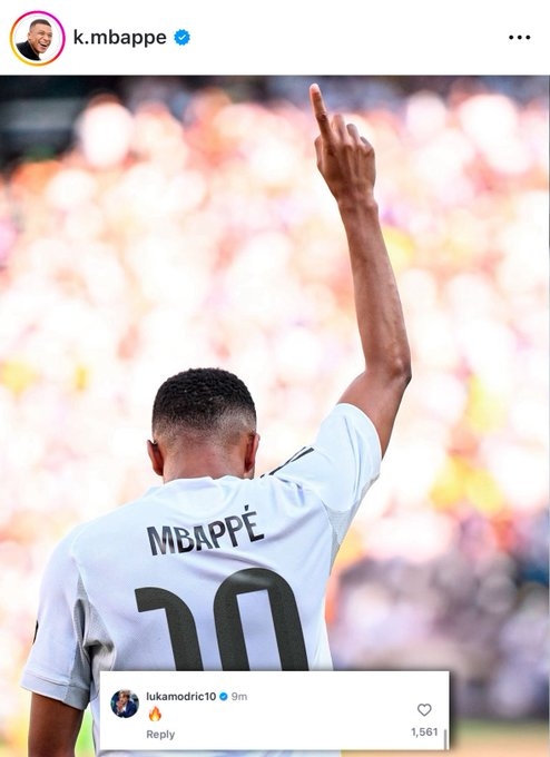 传承！莫德里奇挑剔姆巴佩社媒晒照10号：🔥