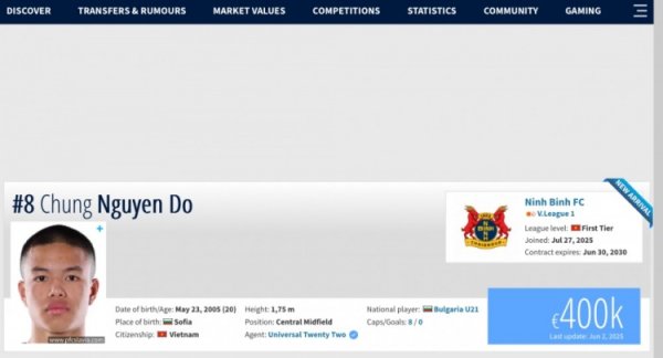 越南归化20岁小将陈成忠，球员曾入选保加利亚多级国度队梯队