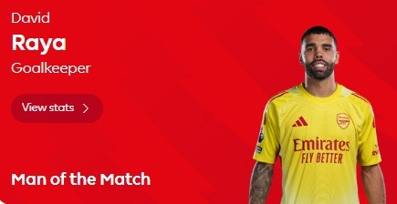 实至名归！拉亚被评为阿森纳1-0曼联全场最好