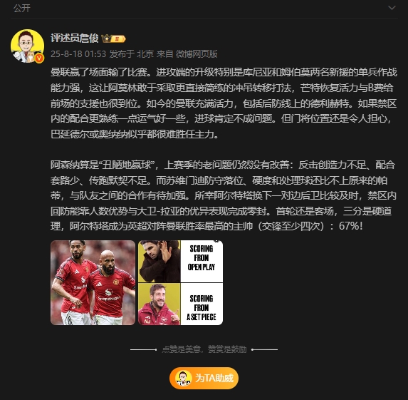 詹俊：曼联赢了场地输了比赛，阿森纳算是“丑陋地赢球”