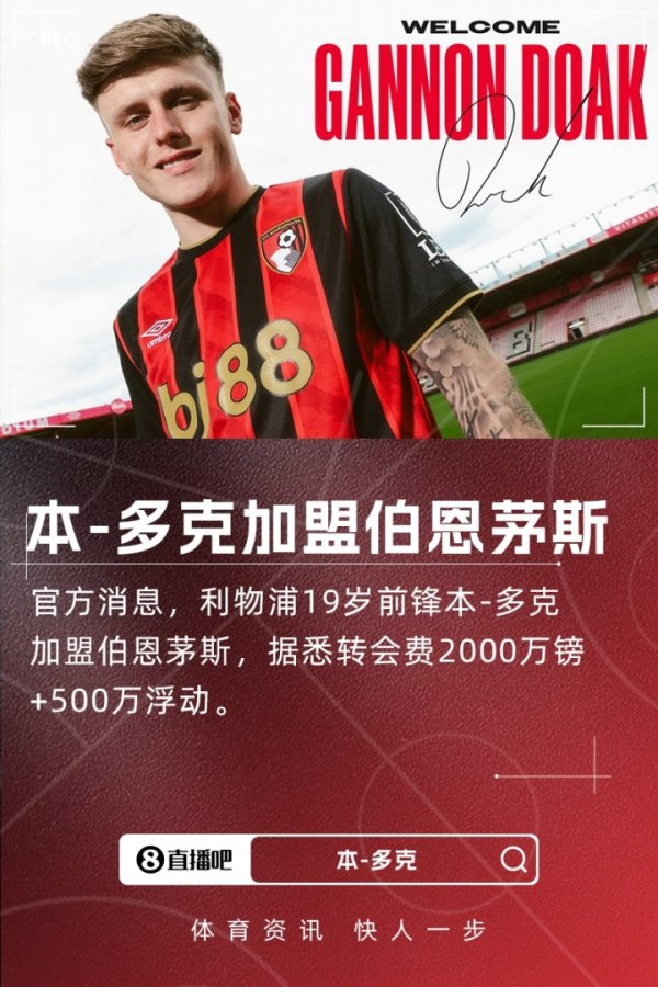 官方：利物浦19岁先锋本多克加盟伯恩茅斯，转会费总价2500万镑