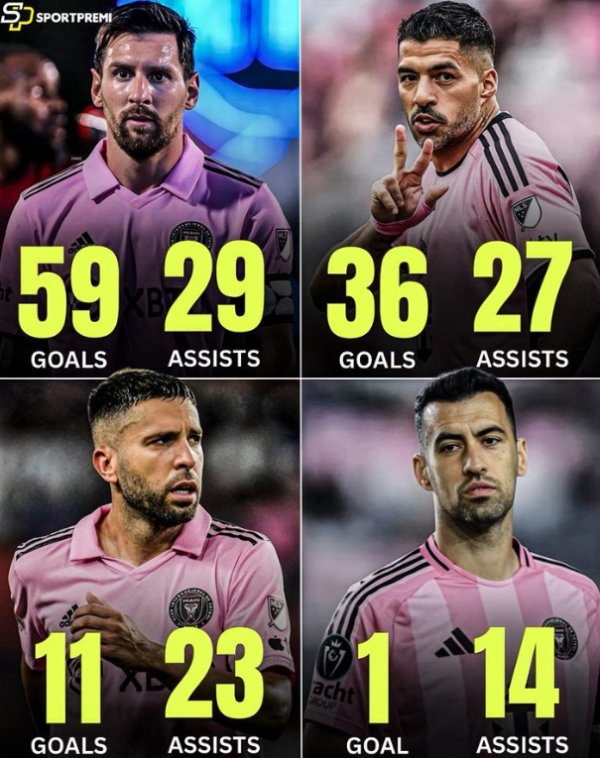 兄弟足球！前巴萨U40四东说念主组在迈阿密数据：梅西59+29，苏牙36+27