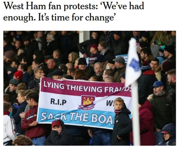TA：西汉姆球迷筹划不才周六对阵水晶宫比赛时，抗议球队董事会