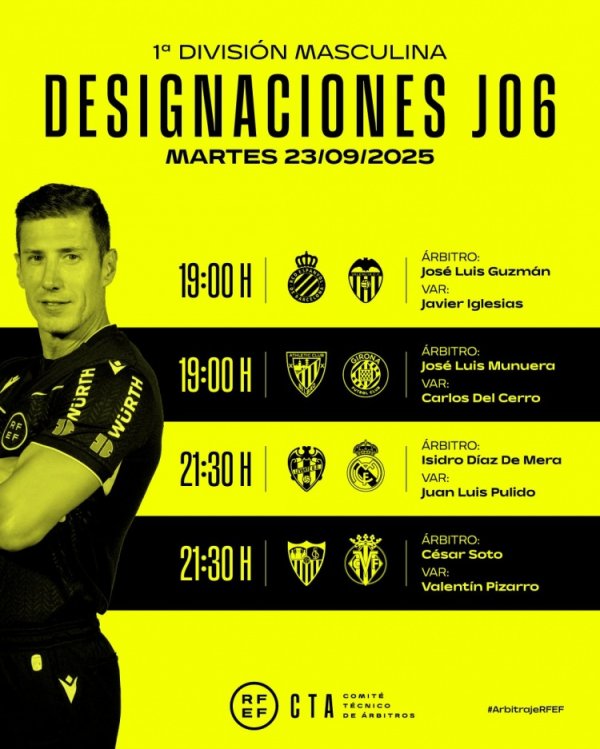 西甲明日比赛裁判安排：埃斯库德罗斯国法莱万特vs皇马