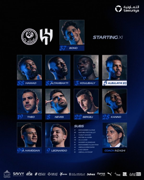 亚冠-利雅得眉月vs纳萨夫首发：米林科维奇、库利巴利、特奥出战