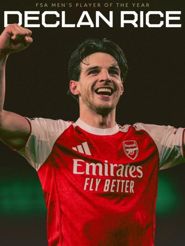 赖斯当选FSA年度最好球员，阿森纳社媒晒海报祈福：实至名归